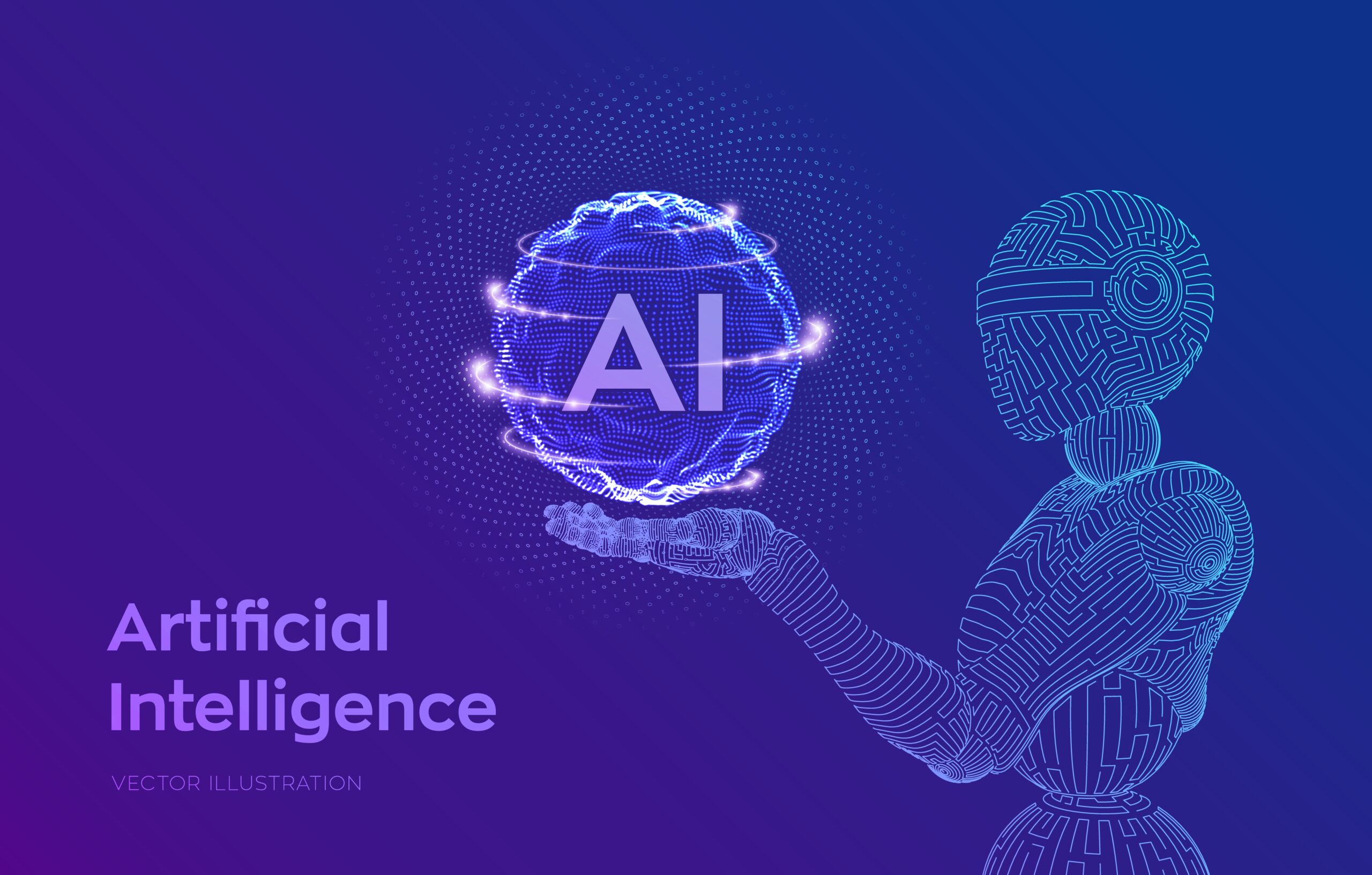 AI. Artificial intelligence. Wireframe robot. AI in robotic hand. Machine learning and cyber mind domination concept. Technology sci-fi concept. Graphic design concept of future. Vector illustration.